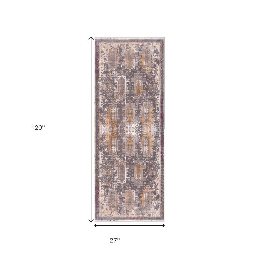 10' Gray And Ivory Oriental Runner Rug