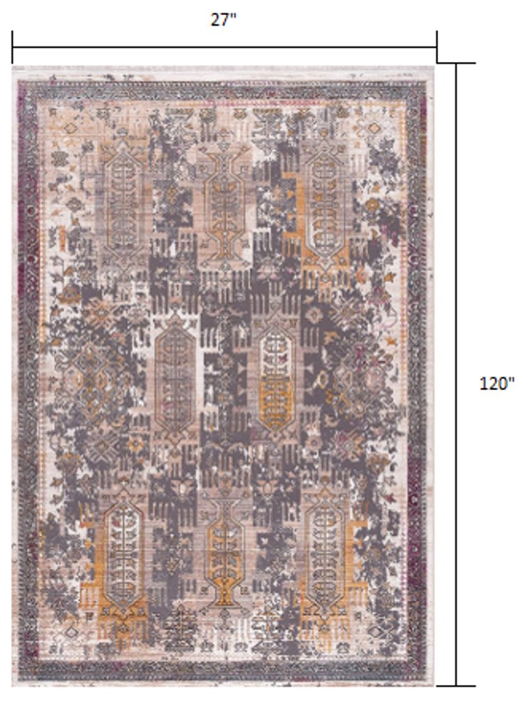10' Gray And Ivory Oriental Runner Rug