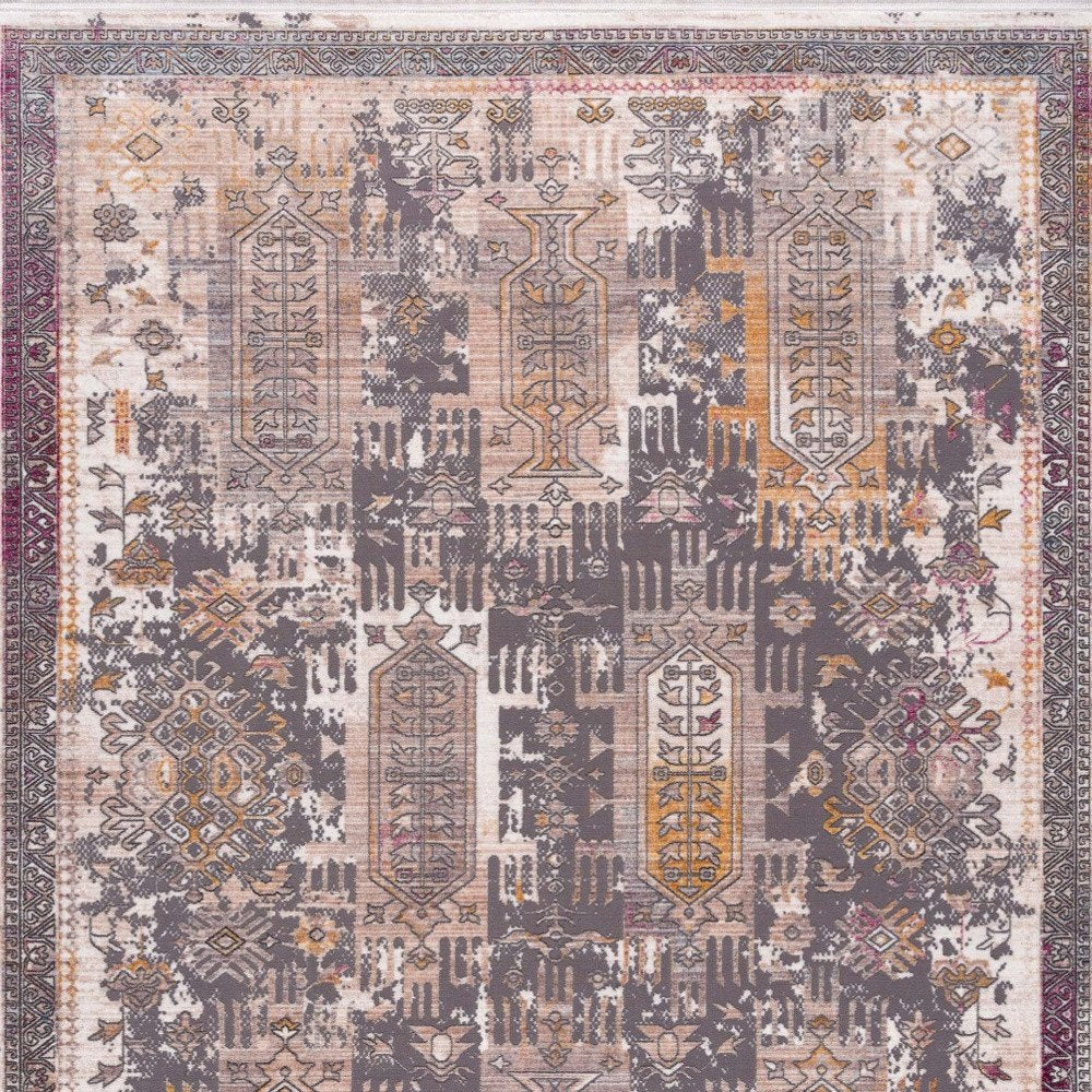10' Gray And Ivory Oriental Runner Rug