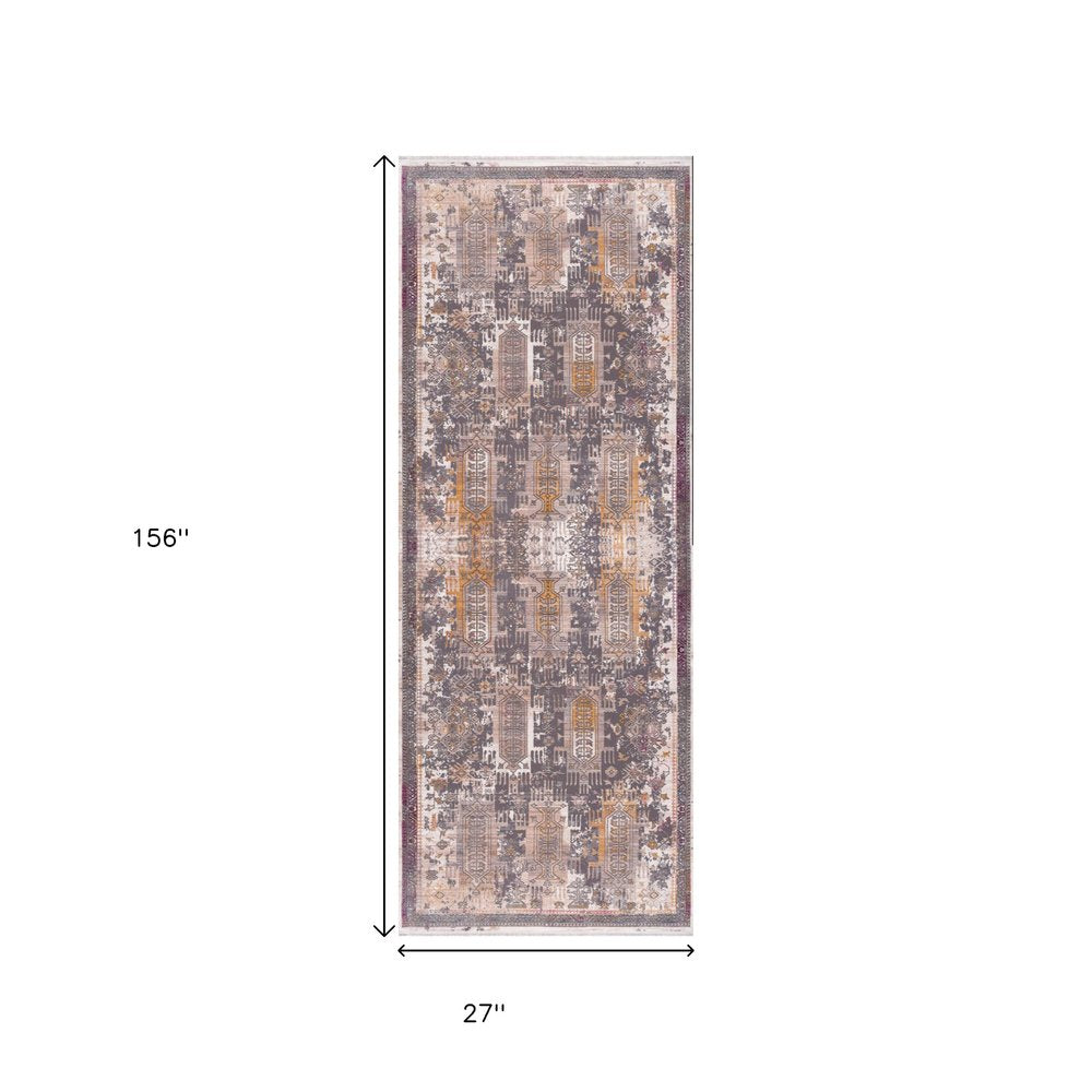 10' Gray And Ivory Oriental Runner Rug