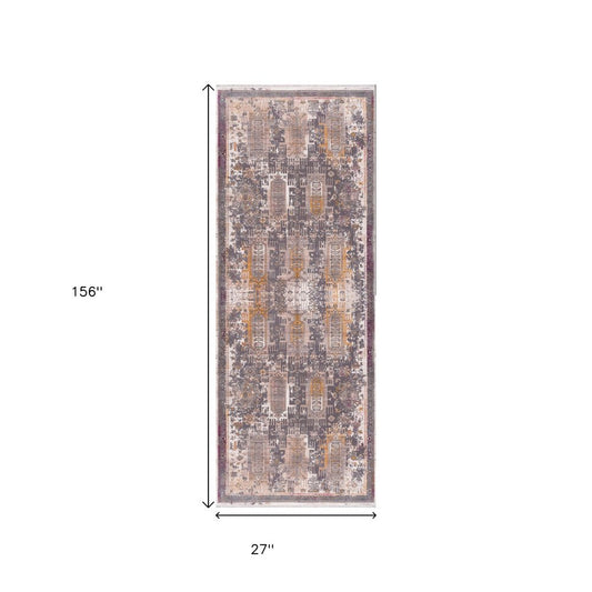 10' Gray And Ivory Oriental Runner Rug
