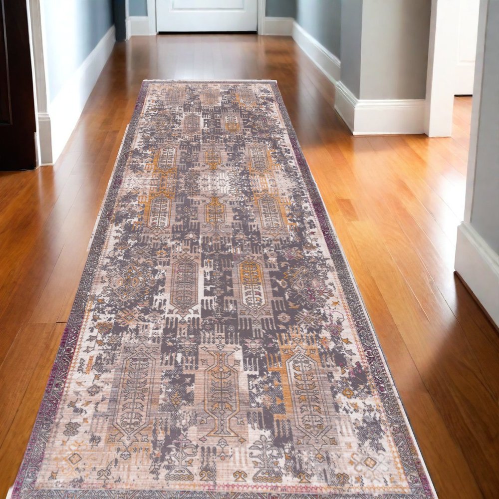 10' Gray And Ivory Oriental Runner Rug