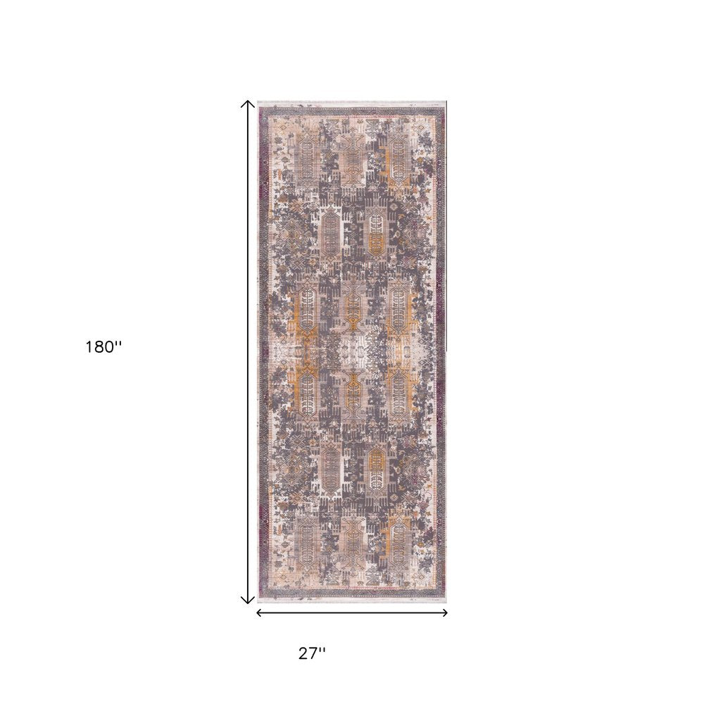 10' Gray And Ivory Oriental Runner Rug