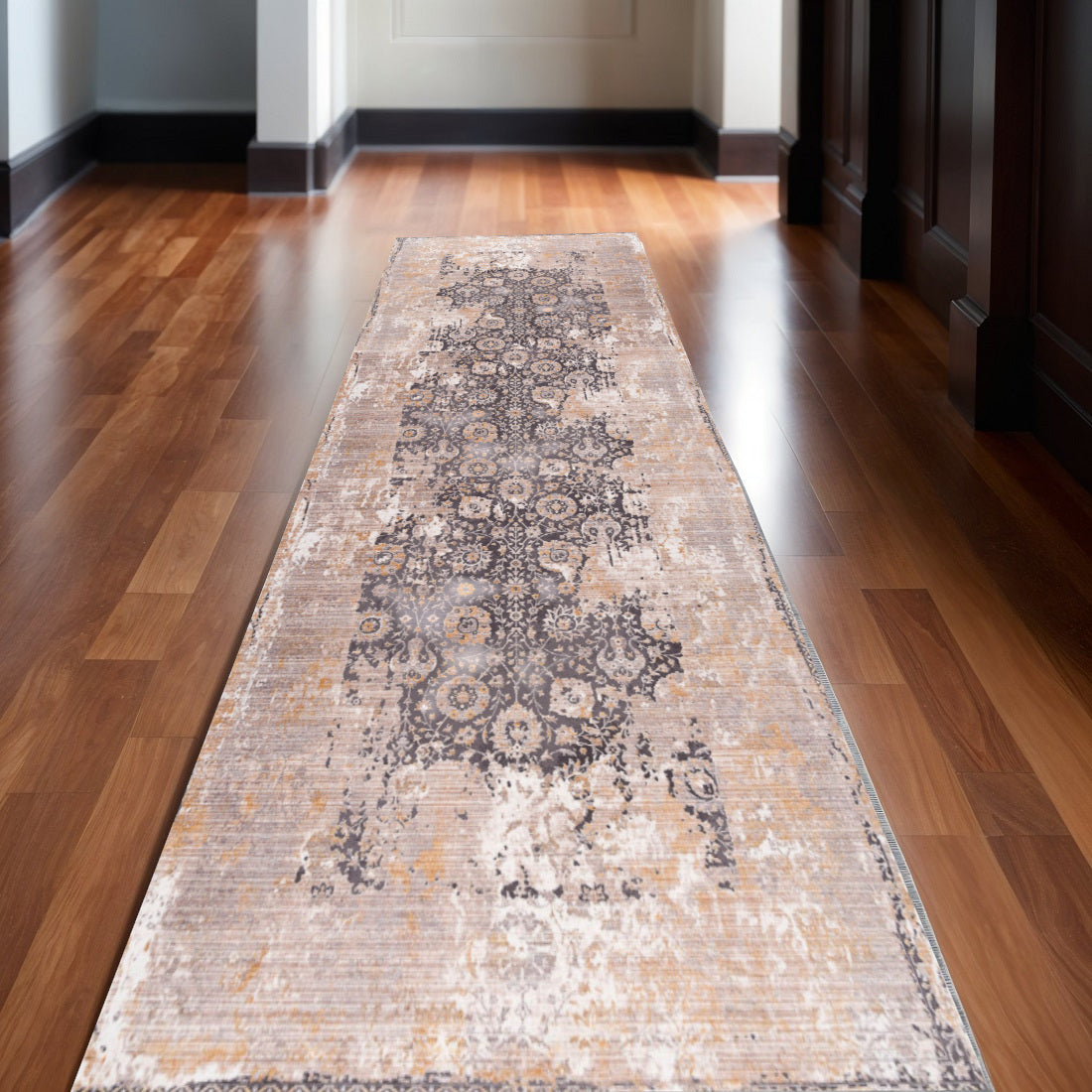 10' Gray And Ivory Oriental Runner Rug