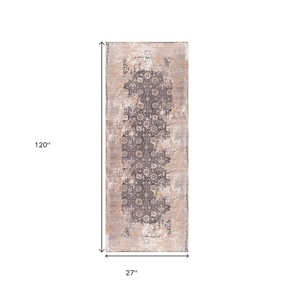 10' Gray And Ivory Oriental Runner Rug