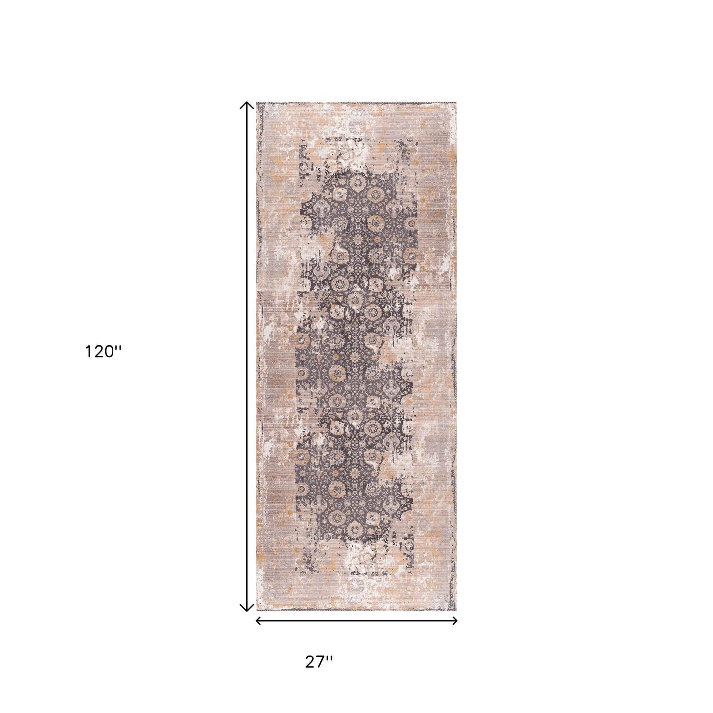 10' Gray And Ivory Oriental Runner Rug