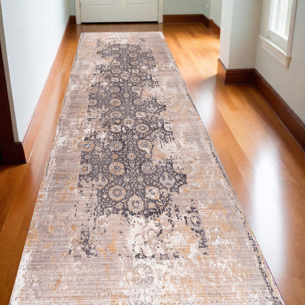 10' Gray And Ivory Oriental Runner Rug