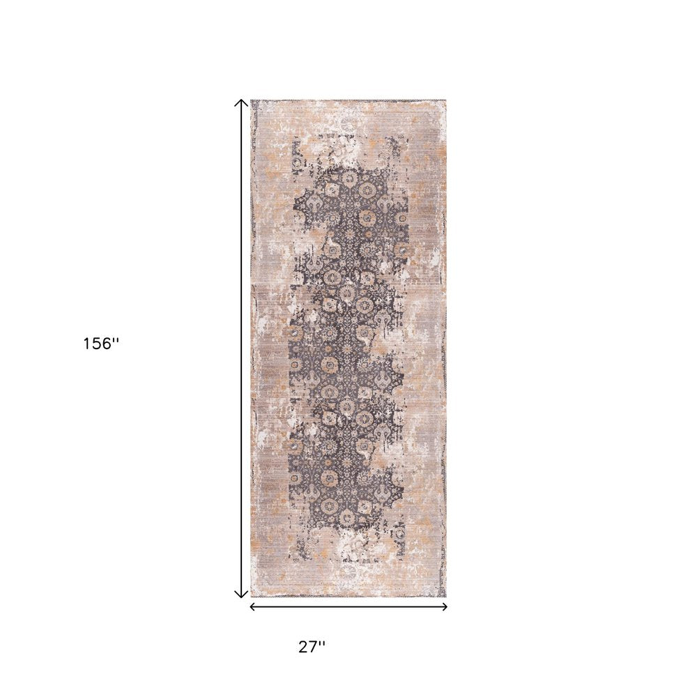 10' Gray And Ivory Oriental Runner Rug