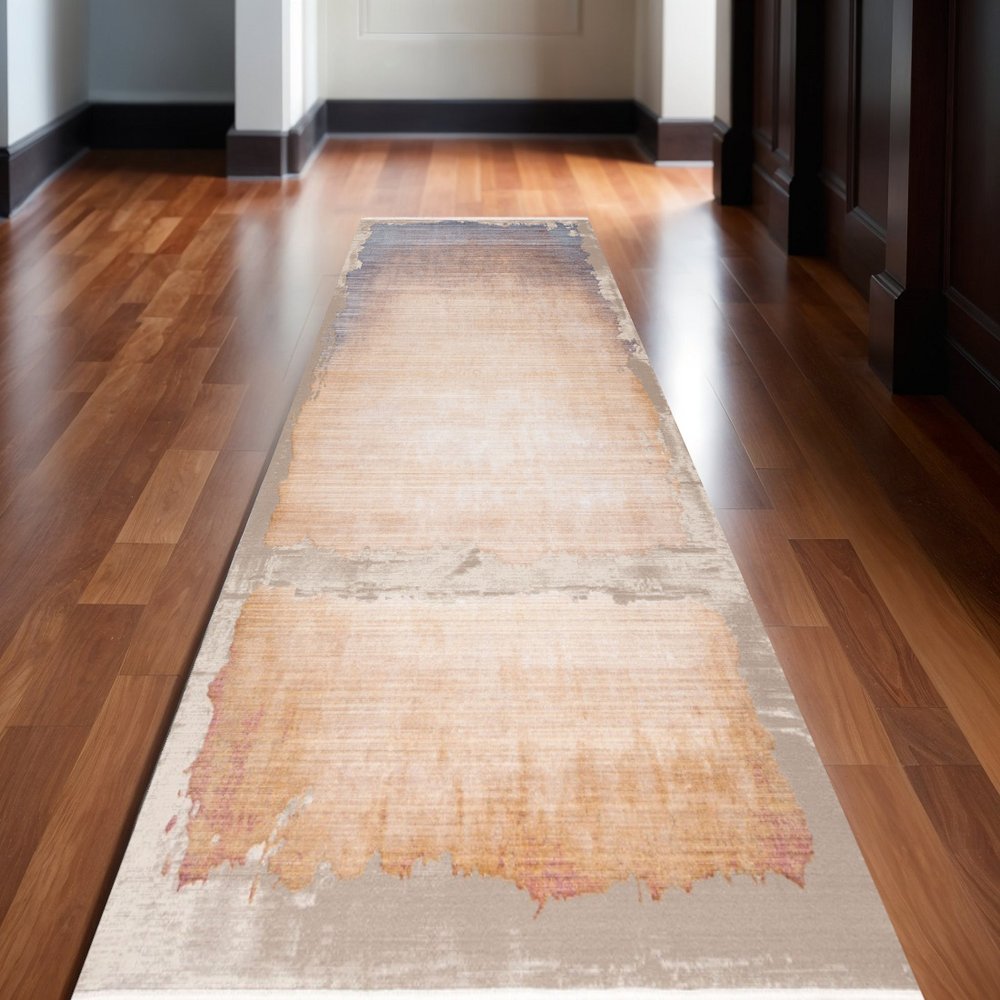 10' Beige And Blue Abstract Runner Rug