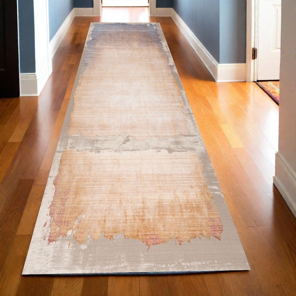 10' Beige And Blue Abstract Runner Rug