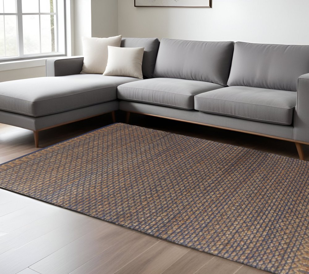8' X 10' Tan and Blue Detailed Lattice Area Rug