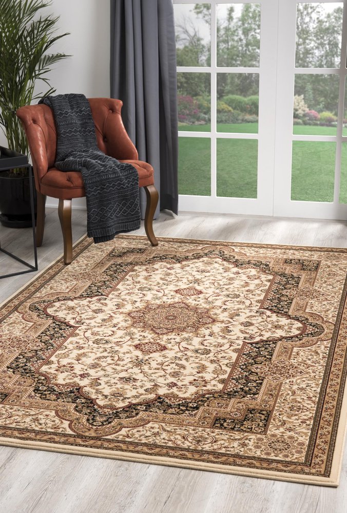 5' X 8' Black And Ivory Oriental Area Rug