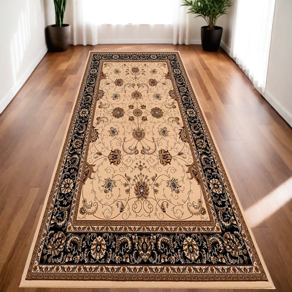 5' X 8' Black And Ivory Oriental Area Rug