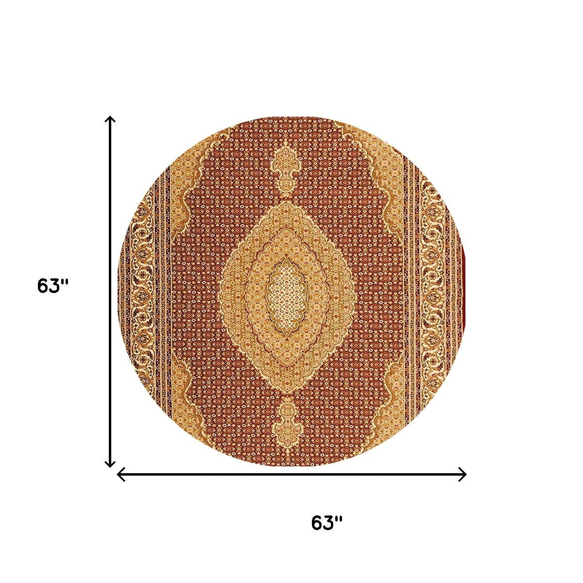 5' Red Round Oriental Power Loom Area Rug