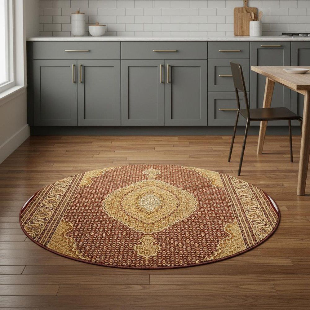 5' Red Round Oriental Power Loom Area Rug