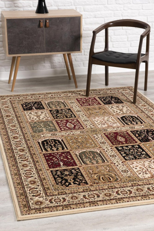5' X 8' Beige and Black Oriental Power Loom Area Rug