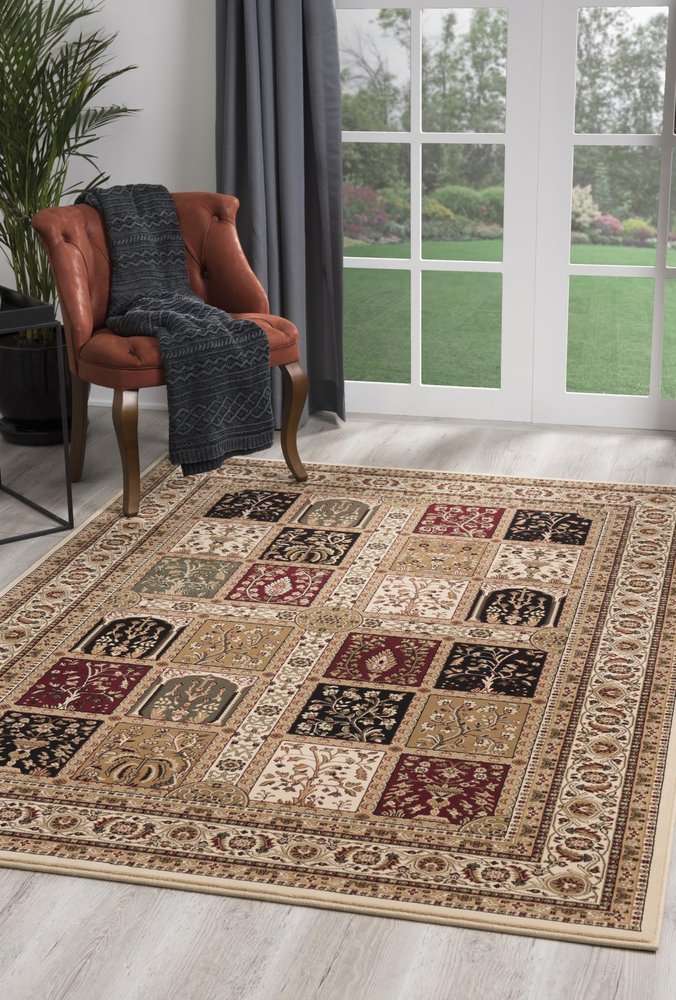 5' X 8' Beige and Black Oriental Power Loom Area Rug