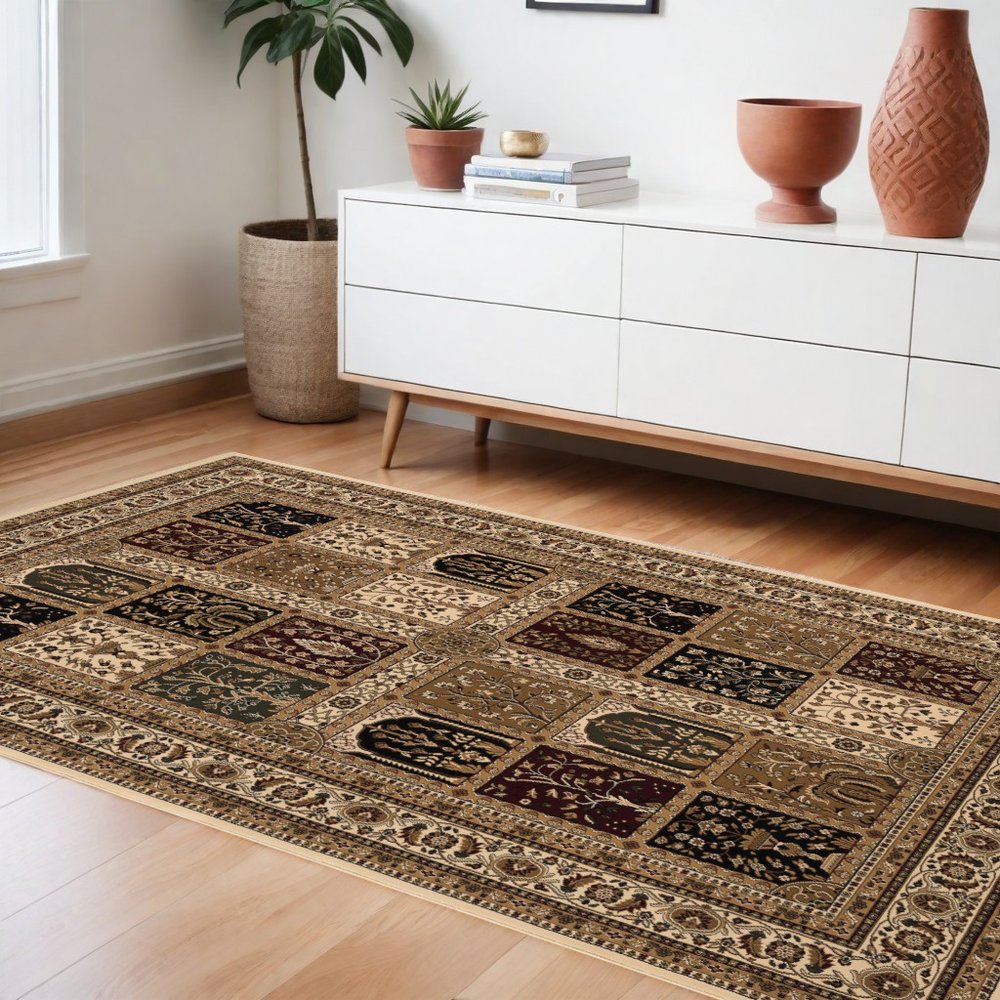 5' X 8' Beige and Black Oriental Power Loom Area Rug