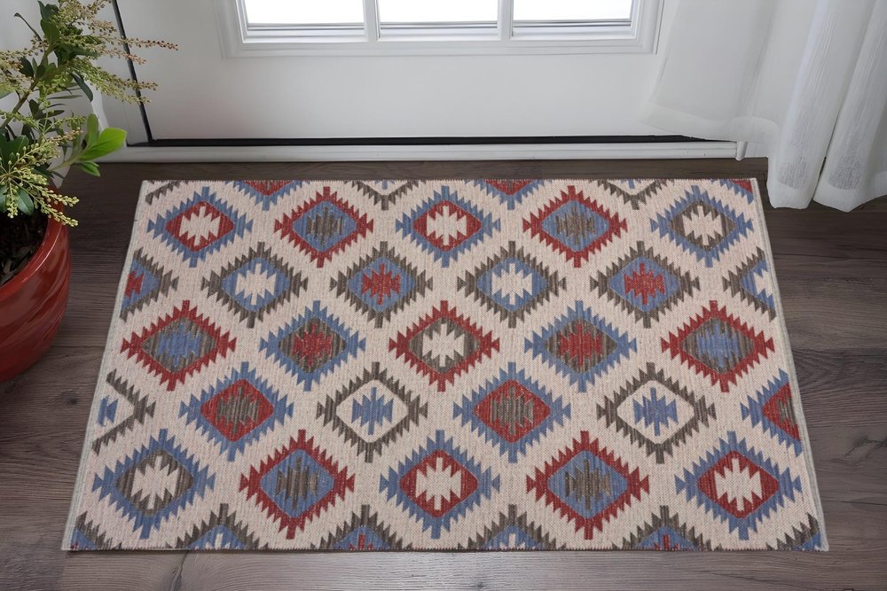 3' x 5' Red and Blue Geometric Diamonds Area Rug
