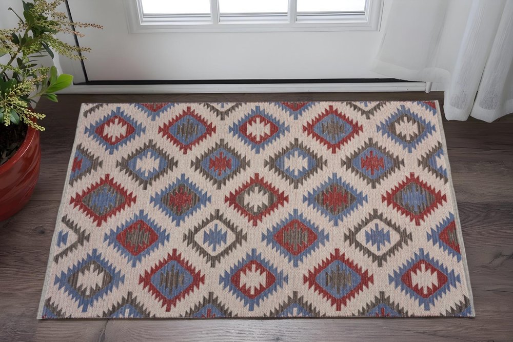 3' x 5' Red and Blue Geometric Diamonds Area Rug