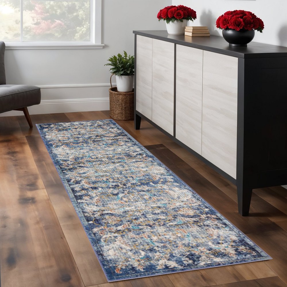 4' X 6' Blue and White Jacobean Pattern Area Rug