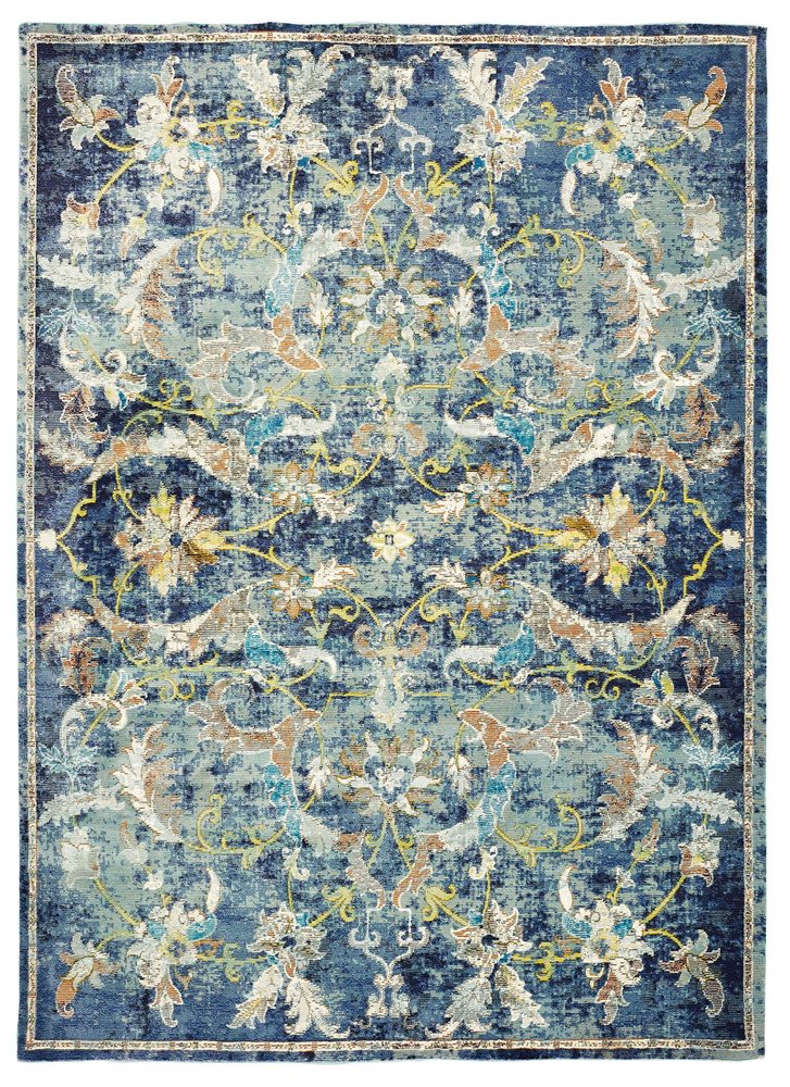4' X 6' Blue and White Jacobean Pattern Area Rug