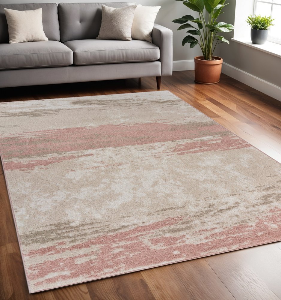 5' X 7' Ivory Beige and Blush Abstract Area Rug