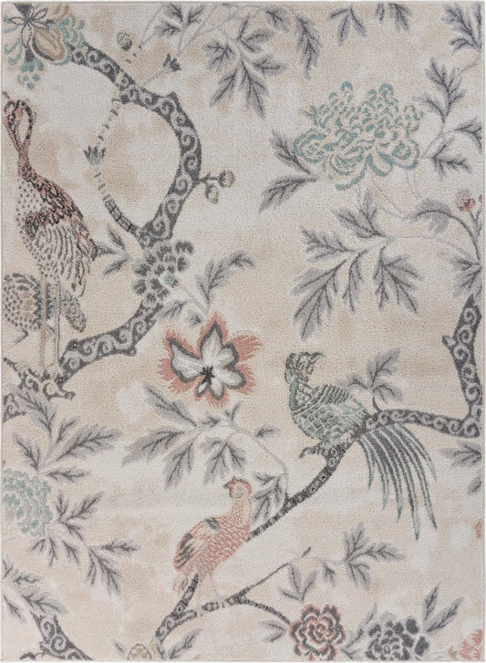 8' X 10' Soft Beige Birds and Trees Area Rug