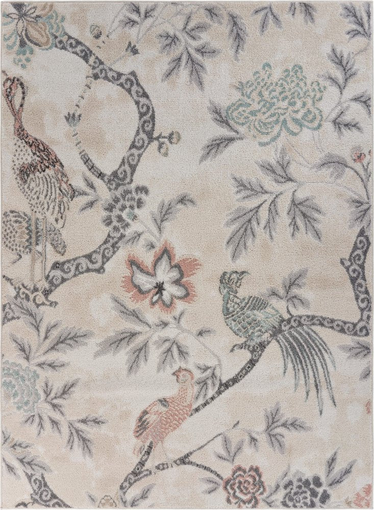 8' X 10' Soft Beige Birds and Trees Area Rug