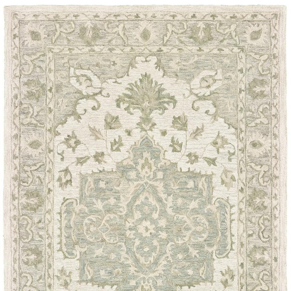5' X 8' Green and Cream Medallion Area Rug