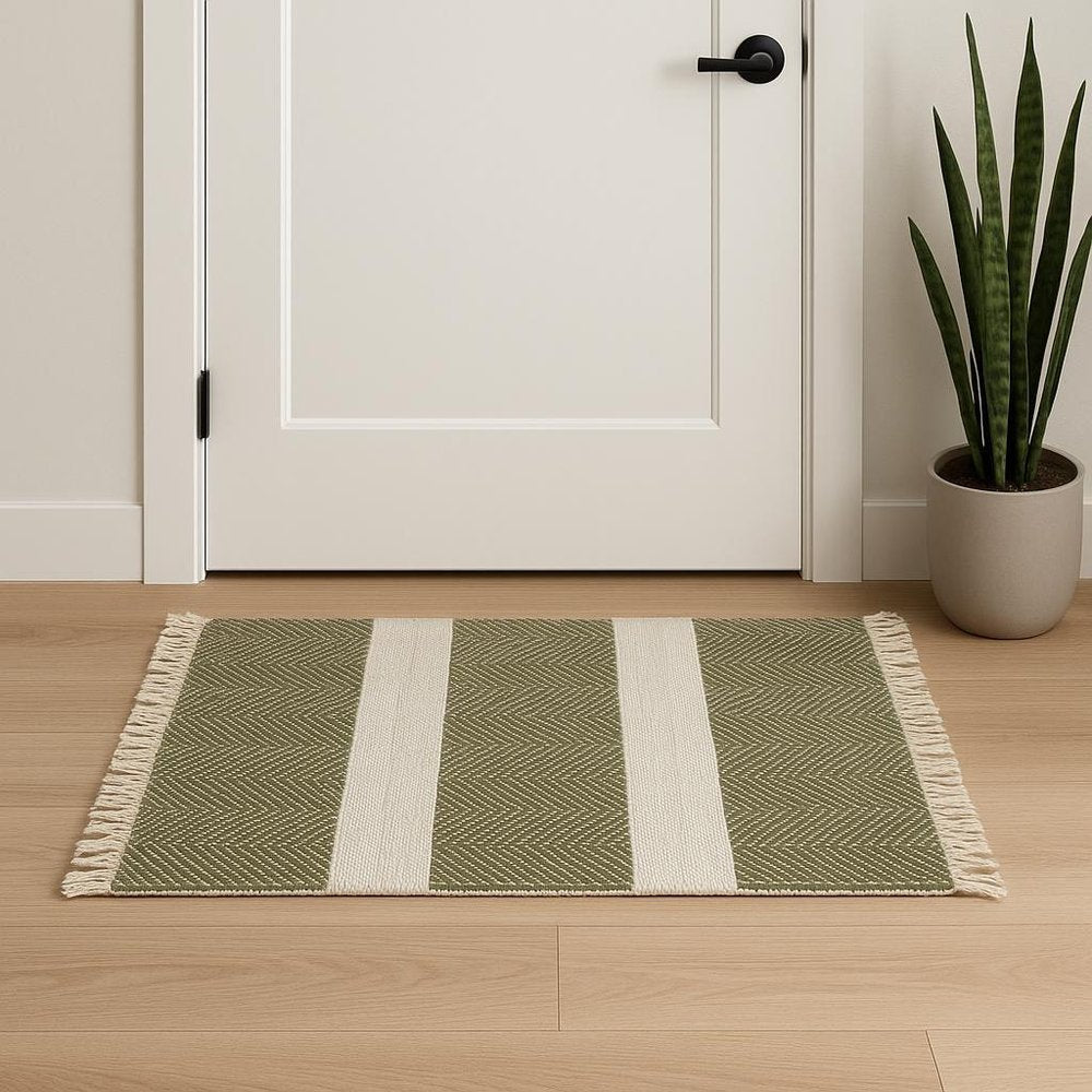 2' X 4' Green And White Hand Woven Area Rug