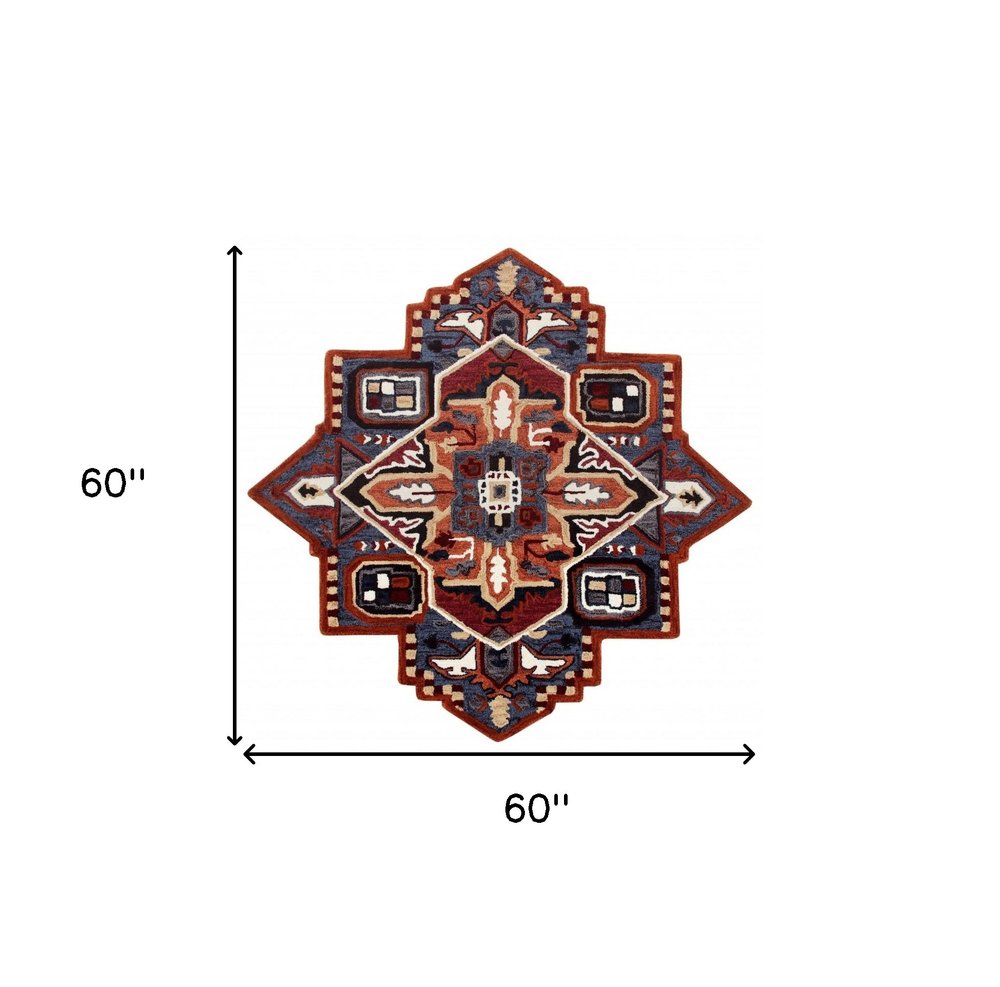 5' X 5' Blue Rust And Orange Wool Medallion Hand Tufted Area Rug