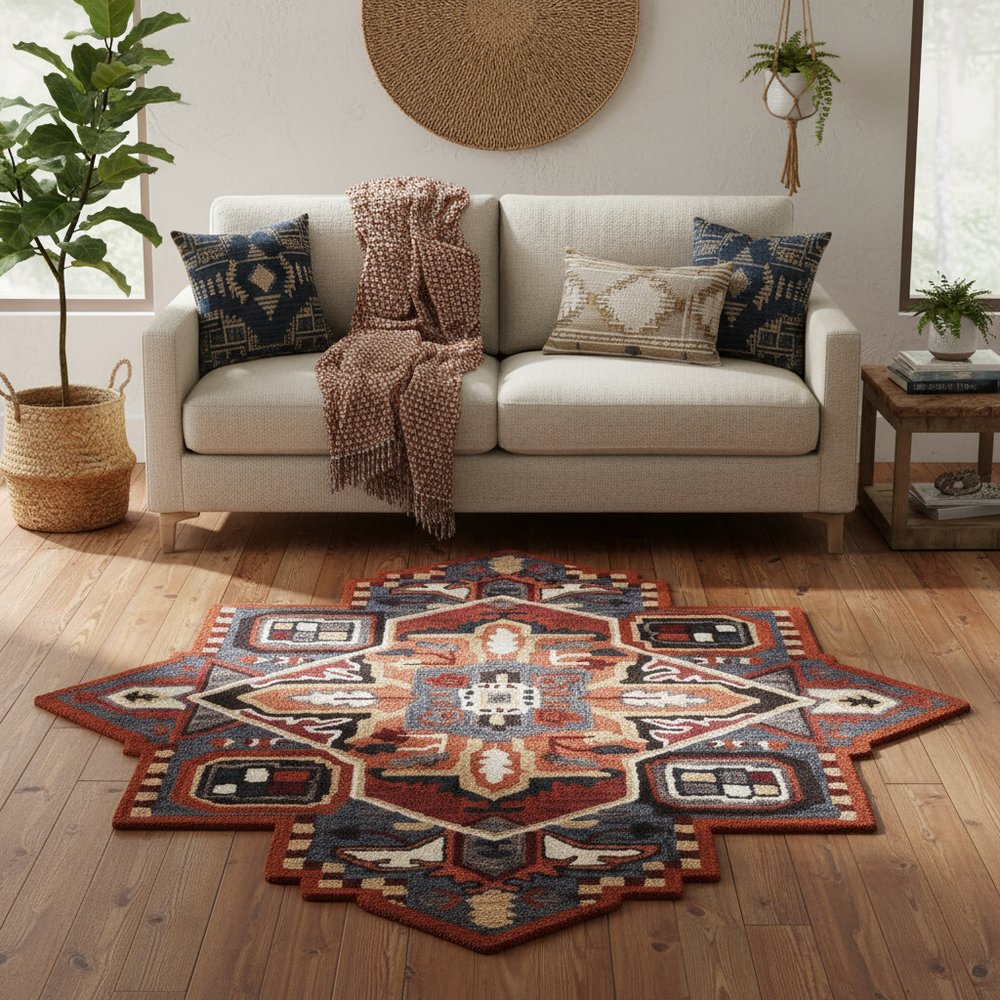 5' X 5' Blue Rust And Orange Wool Medallion Hand Tufted Area Rug