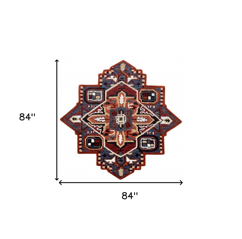 5' X 5' Blue Rust And Orange Wool Medallion Hand Tufted Area Rug