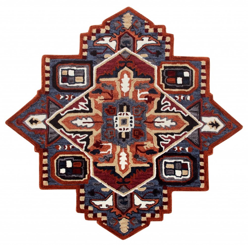 5' X 5' Blue Rust And Orange Wool Medallion Hand Tufted Area Rug