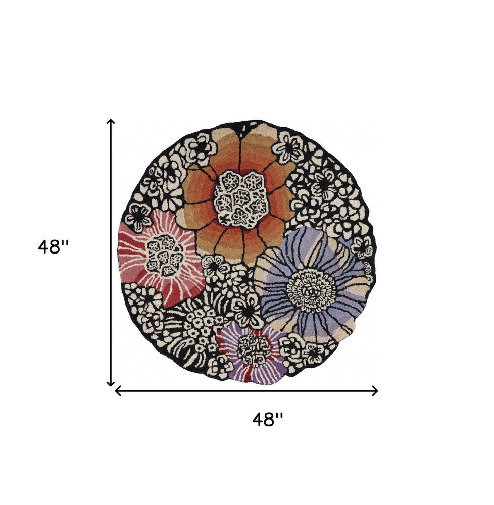 6' Round Red and Black Floral Blossom Area Rug