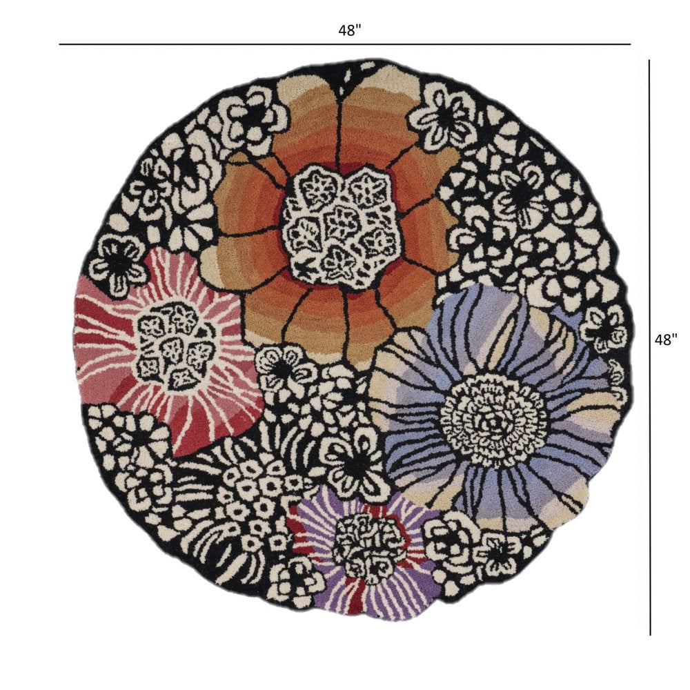 6' Round Red and Black Floral Blossom Area Rug