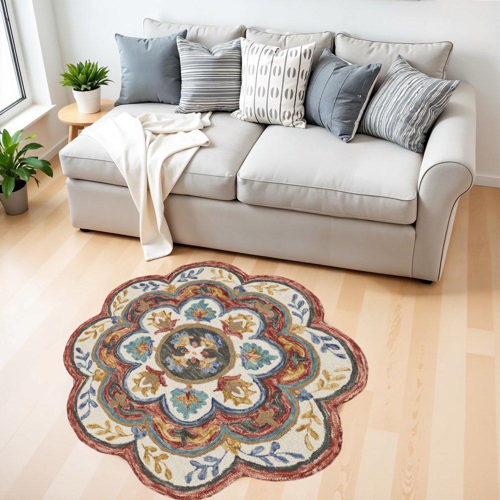4' Round Red Layered Petals Area Rug