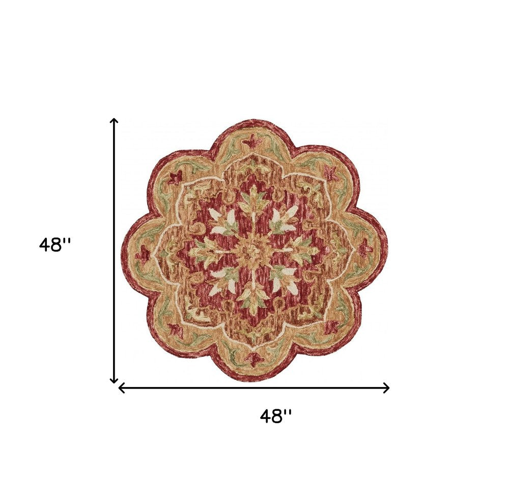 4' Red Wool Hand Hooked Round Rug