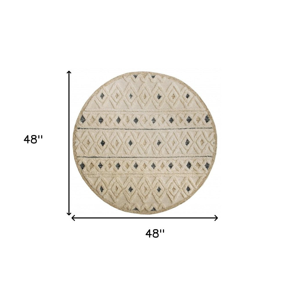 6' Round Cream and Blue Striped Diamonds Area Rug