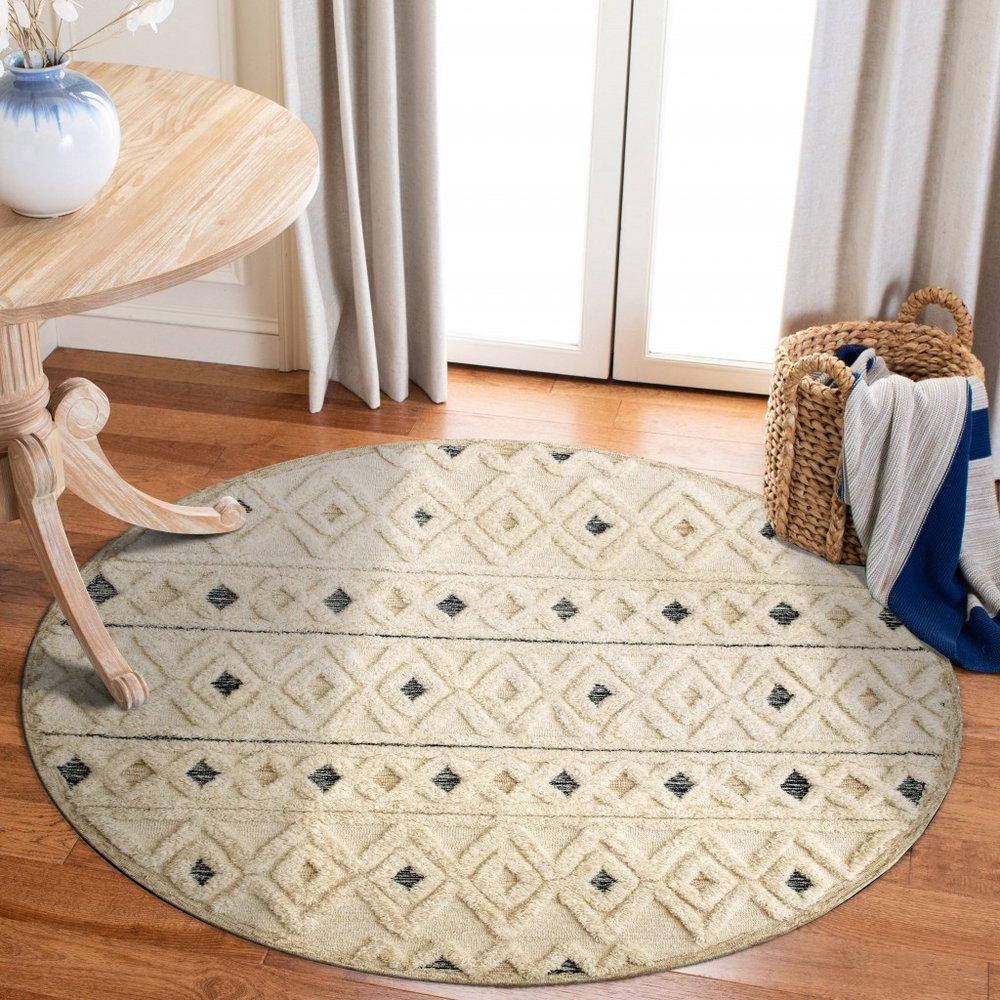 6' Round Cream and Blue Striped Diamonds Area Rug