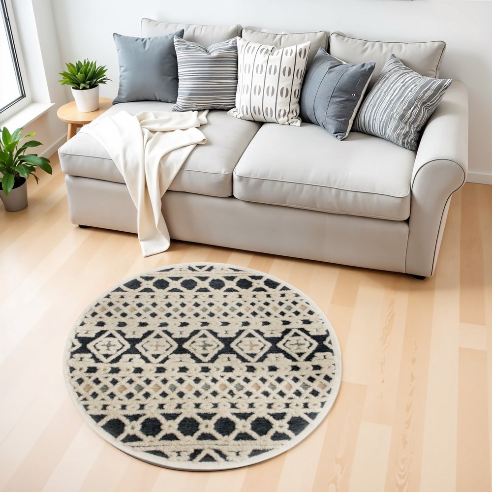 4' Round Blue and Cream Decorative Area Rug