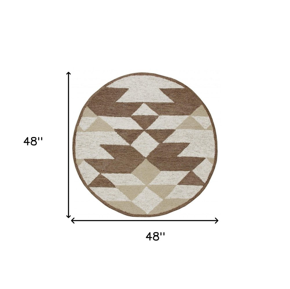 6' Brown And Ivory Round Wool Hand Tufted Area Rug