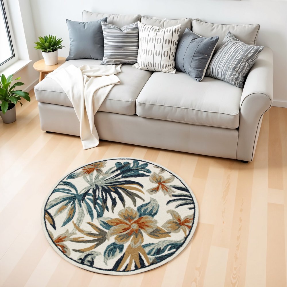 6' Round Blue and White Tropical Area Rug