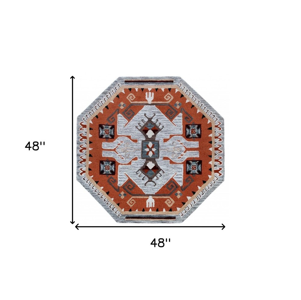 6' Blue And Red Wool Hand Tufted Octagon Rug