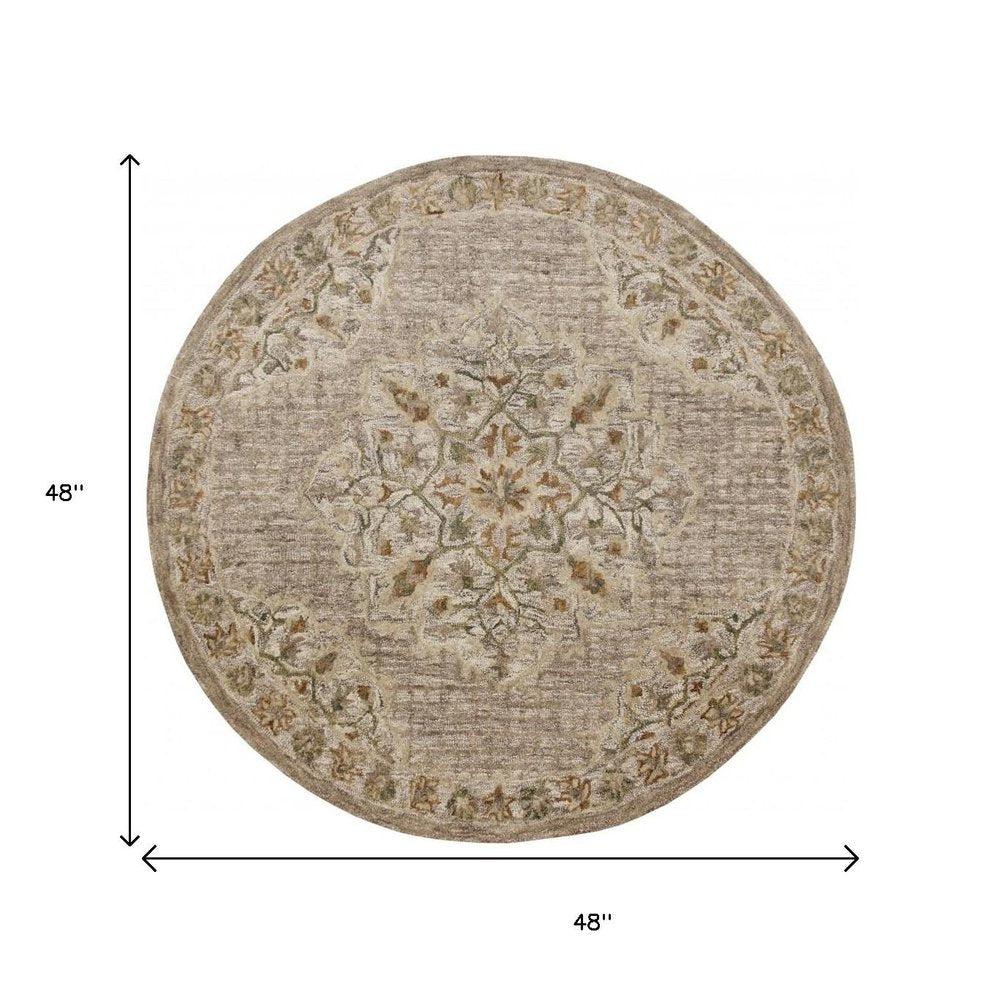 6' Round Beige Distressed Medallion Area Rug