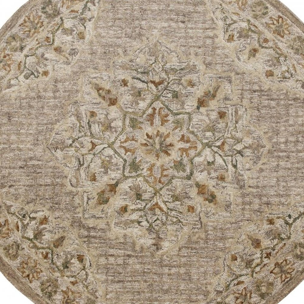 6' Round Beige Distressed Medallion Area Rug