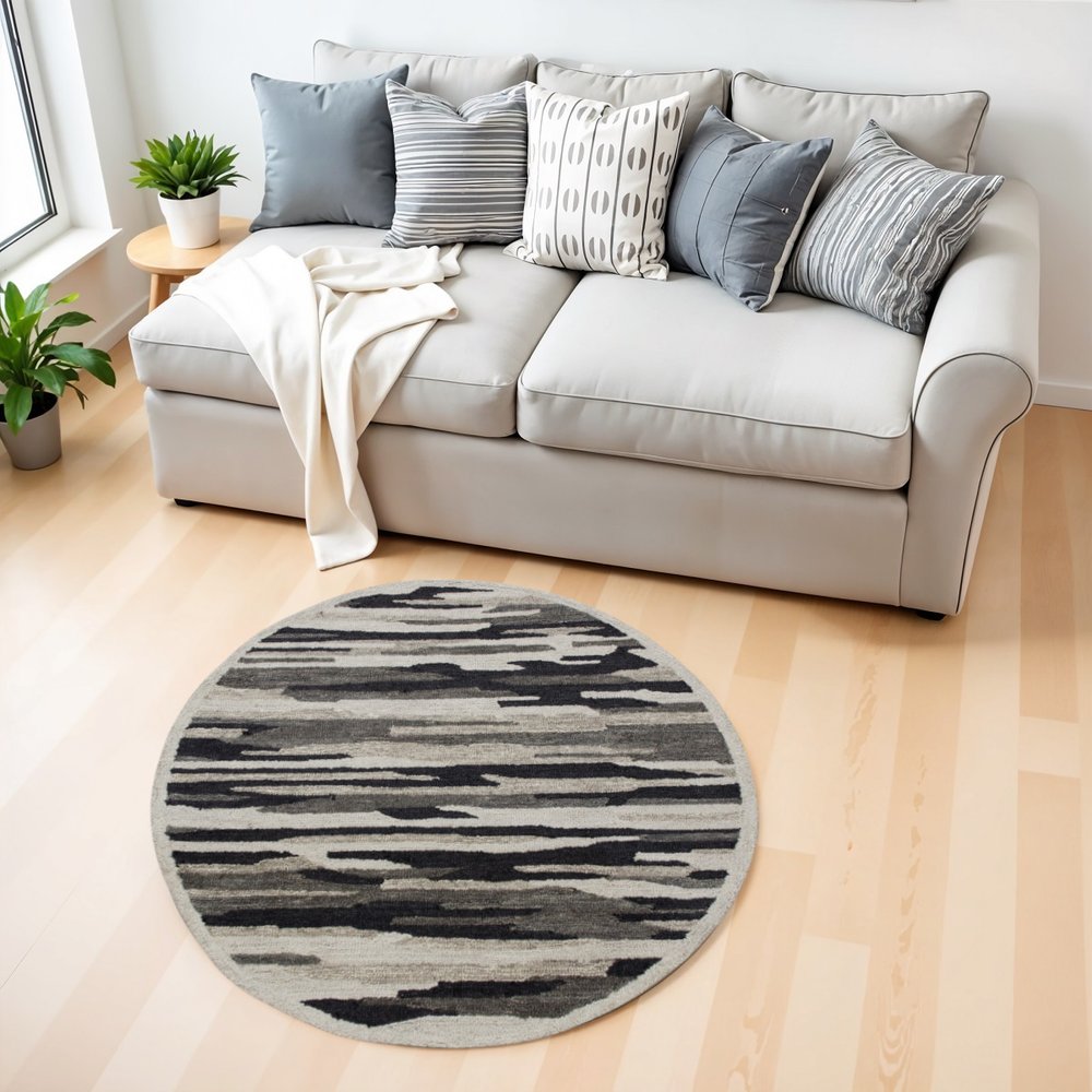6' Black And Gray Round Wool Hand Tufted Area Rug
