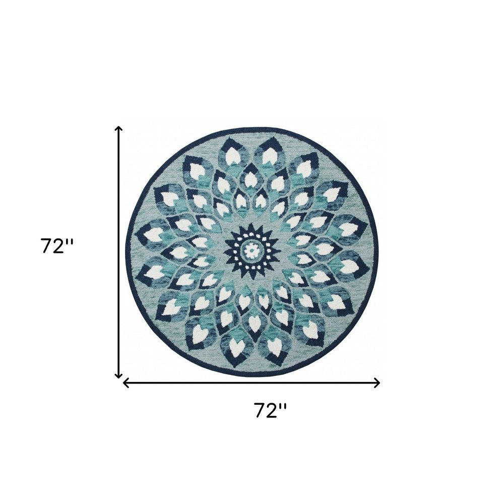 6' Blue And White Round Wool Hand Tufted Area Rug
