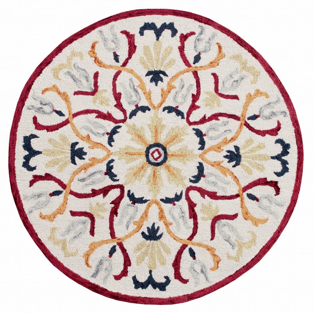 4' Round Red and Ivory Floral Filigree Area Rug